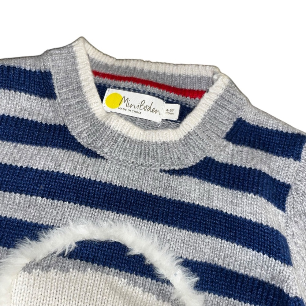 Mini boden gray blue striped sweater polar bear scarf ear muffs 4t 5t xs 4y 5y - Picture 2 of 4